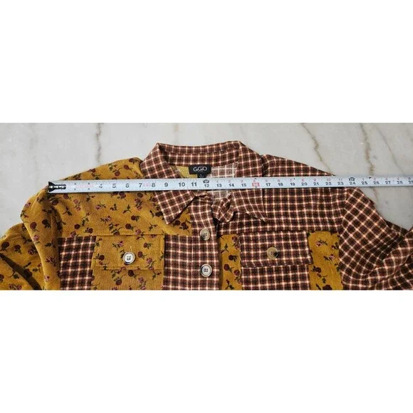 GiGio Shirt Women's Yellow Brown Patchwork Floral Plaid Top, Large - Picture 4 of 10